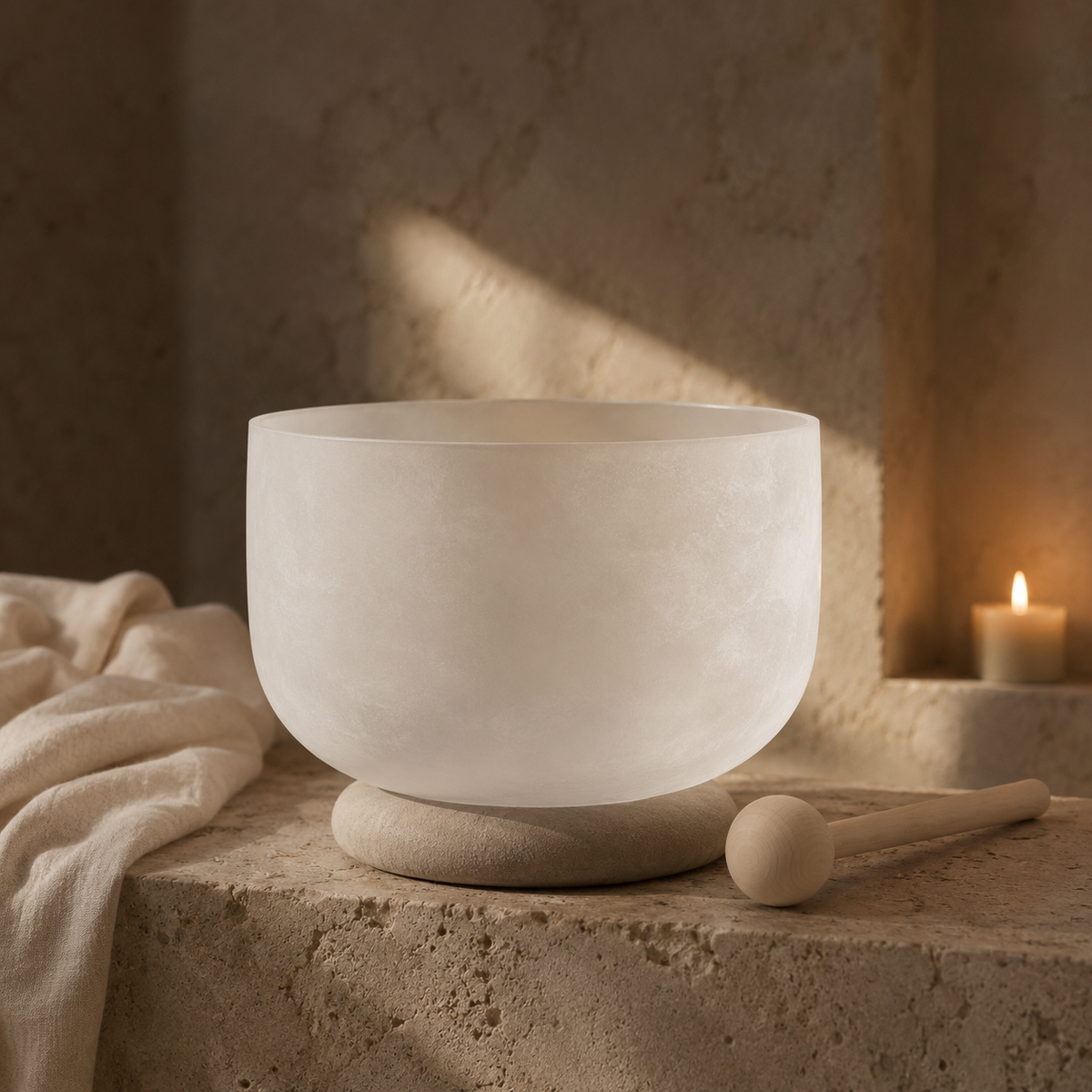 Singing bowl sitting on stand with candle in the background