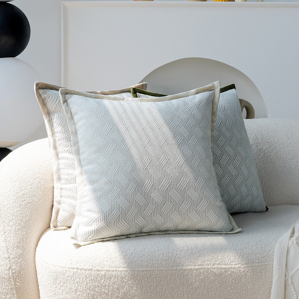 18"x18" square throw pillow set | herringbone trio | neutral white & olive green accents | 3-piece collection + insert options