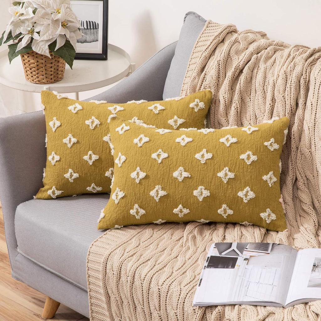 12''x20'' tufted floral lumbar support 100% cotton throw pillow | 7 colors textured daisy stitch design | boho chic lumbar & accent pillow | insert included