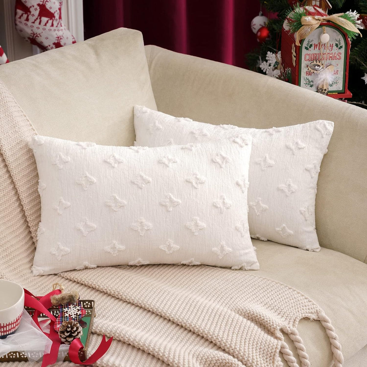 12''x20'' tufted floral lumbar support 100% cotton throw pillow | 7 colors textured daisy stitch design | boho chic lumbar & accent pillow | insert included